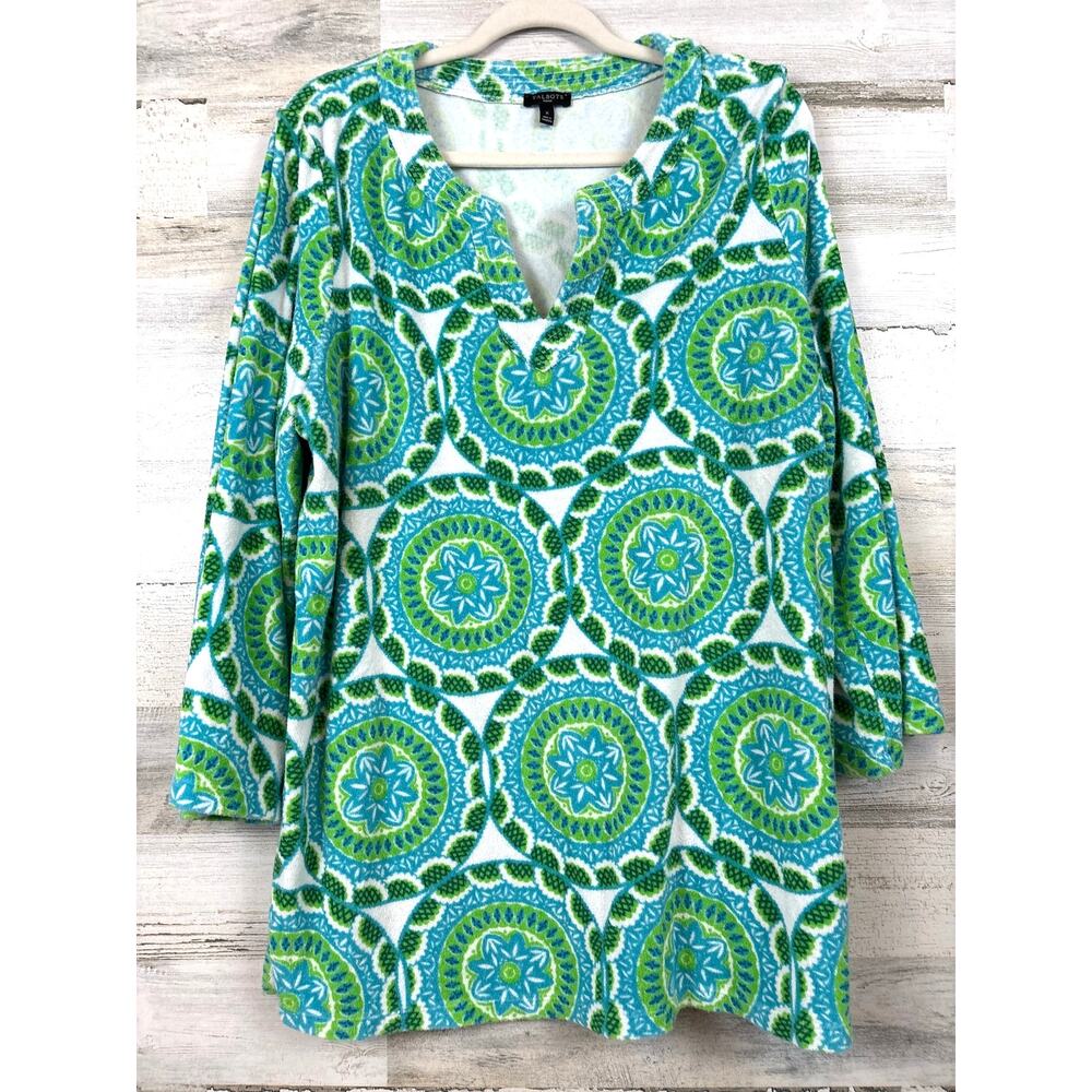 Talbots Womens 14W Blue Green Geometric Terry Cover Up Cotton Blend Boho